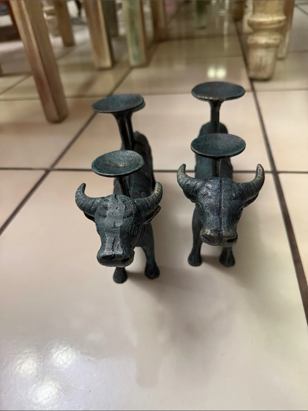 Antique-Style Patina Green Ceramic Bull Wall Candle Holder